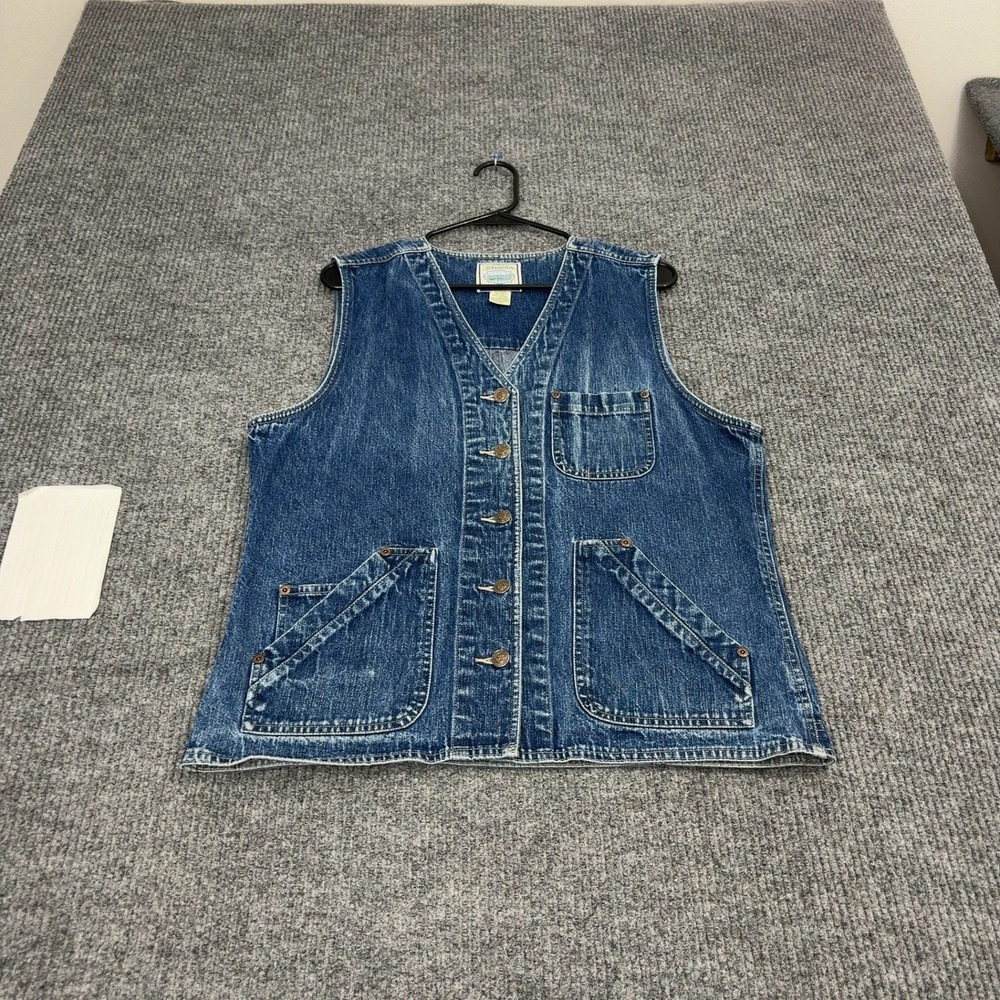 Vintage St Johns Bay Vest Womens L Blue Denim Cotton Button Up Utility Casual